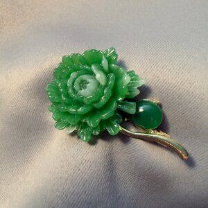 Flower Brooch Green Carved Bloom Cabochon Leaf 2.25"
